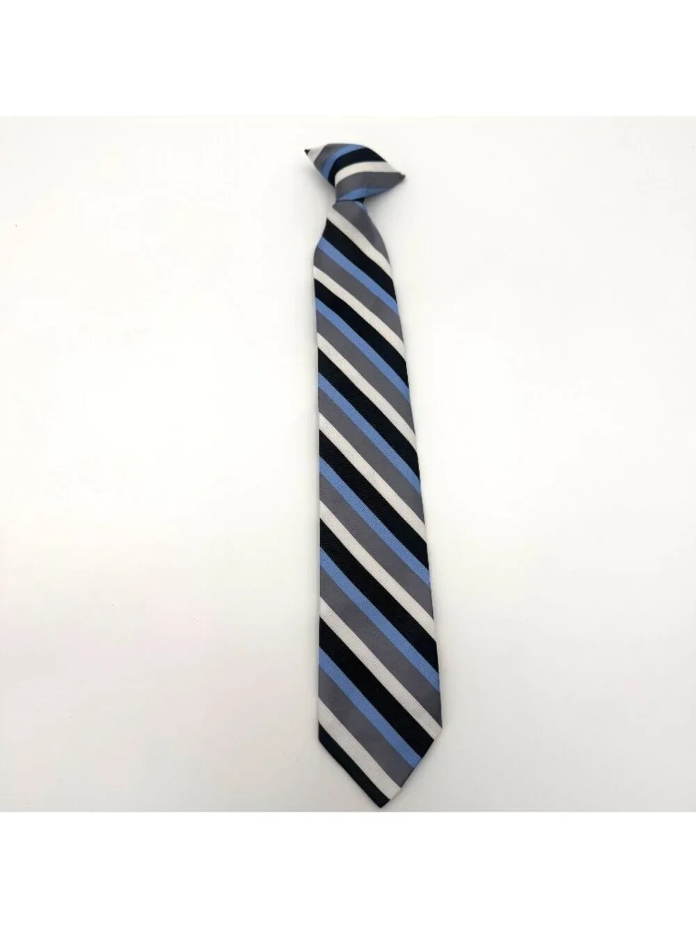 Boys Adjustable Zipper Tie Blue Gray Black White Striped Polyester Neck Tie